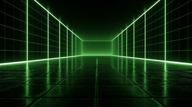 Green neon grid room with reflective black floor