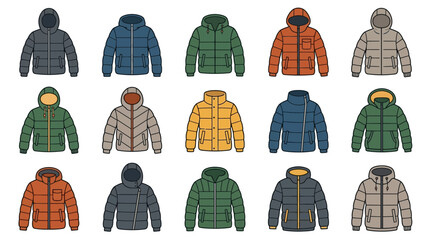 Modern hooded puffer jackets collection in various colors. © Asih