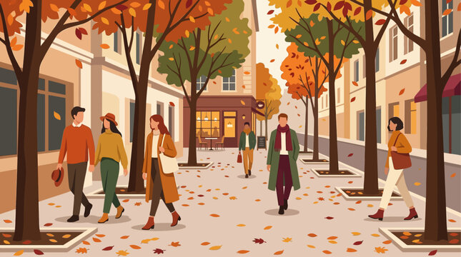 People walking on city street in autumn with colorful trees and falling leaves