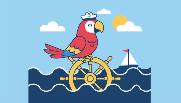 Cheerful cartoon parrot character wearing a sailor hat and perched on a steering wheel in the wavy blue ocean.