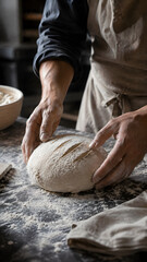 Fototapeta premium A baker's hands skillfully shaping and scoring fresh sourdough bread dough on a rustic flour-dusted kitchen counter. Artisan baking concept