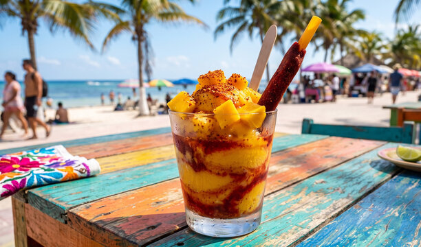 A rich layered Mangonada sorbet dessert in a clear dessert glass on a colorful wooden table, Bright yellow mango sorbet swirled with red chamoy sauce, topped with diced fresh mango chunks, Taj�n chili