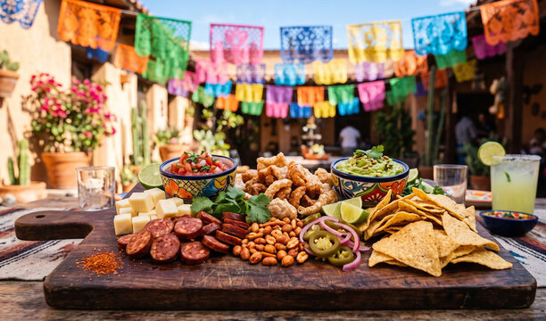 Mexican Botana platter arranged on a large dark wooden cutting board, Assortment of sliced chorizo, manchego cheese cubes, chicharron, spicy peanuts, pickled jalapenos, totopos, and small bowls of sal