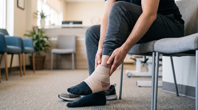Person sitting on chair with elastic bandage wrapped around injured ankle