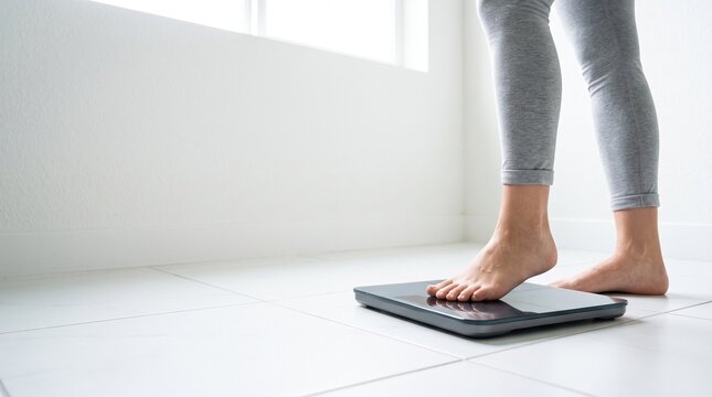 Person standing on digital scale to track body weight in bright room