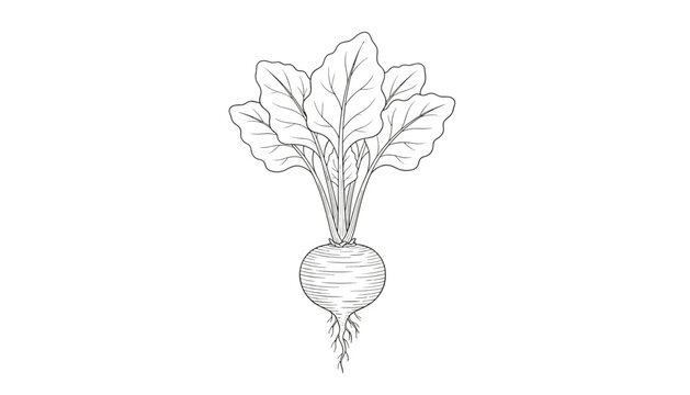 Monochrome vintage engraving style illustration of a whole beet root vegetable with lush leaves on white background.