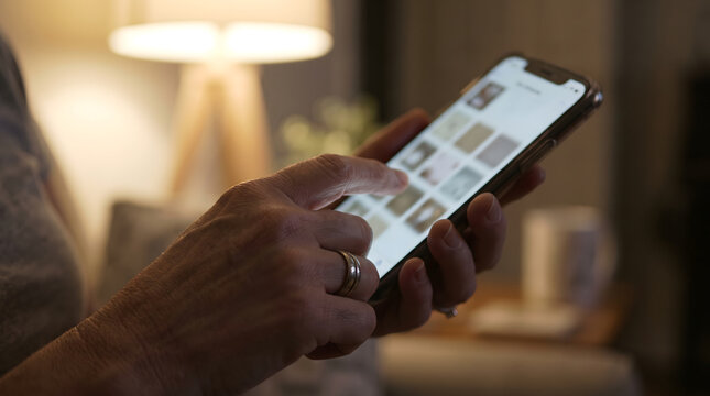 Stressed mother holding mobile phone browsing online gallery late at night experiencing postpartum anxiety and fomo