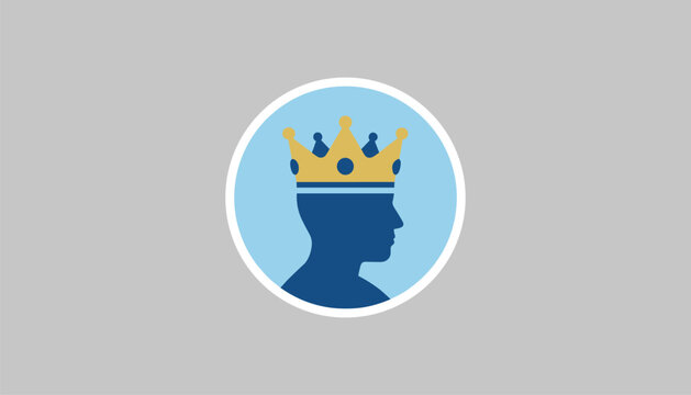 Male profile silhouette representing a king wearing a golden crown against a soft blue circular background.