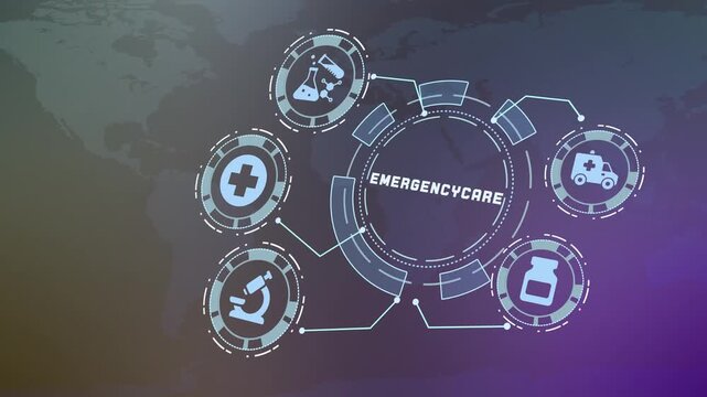 Futuristic HUD screen interface highlighting emergency care telemetry and urgent medical response network.