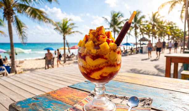A rich layered Mangonada sorbet dessert in a clear dessert glass on a colorful wooden table, Bright yellow mango sorbet swirled with red chamoy sauce, topped with diced fresh mango chunks, Taj�n chili