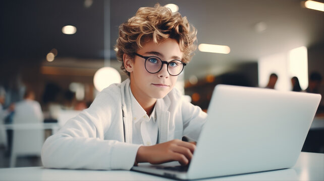 Young Coder at Work: A focused young boy with curly hair and glasses is engrossed in coding on his laptop, symbolizing the future of technology and innovation.
