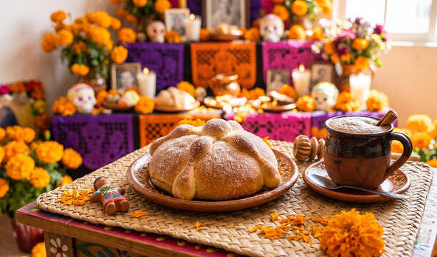 A rich round loaf of traditional Pan de Muerto on a woven straw mat (petate), Soft buttery sweet bread dusted in white sugar with dough bone shapes crisscrossing the top, served next to hot chocolate.