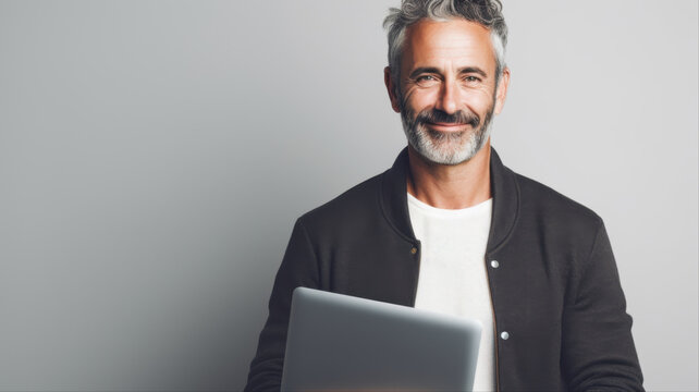 Smiling Man with Laptop: A confident, mature man with stylish gray hair and a beard, holding a laptop, smiles warmly at the camera against a plain background.