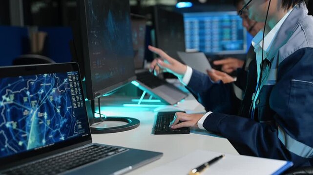 Asian engineer in headset analyzes radar screens and takes notes in a high-tech control room, managing telemetry