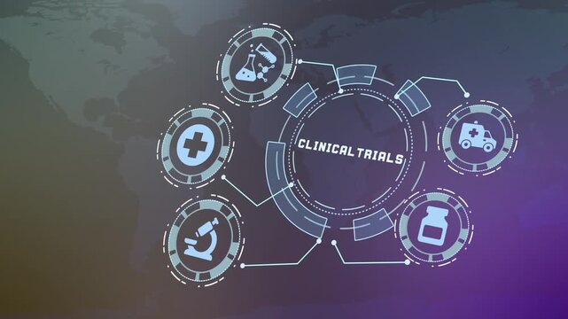 Science HUD digital dashboard displaying clinical trials concept with medical research graphics.