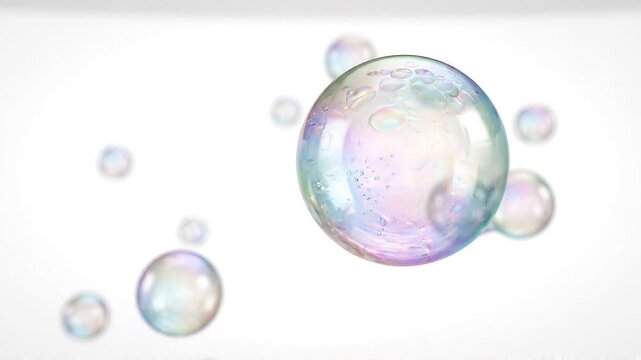 Iridescent soap bubbles floating and reflecting light on white background animation