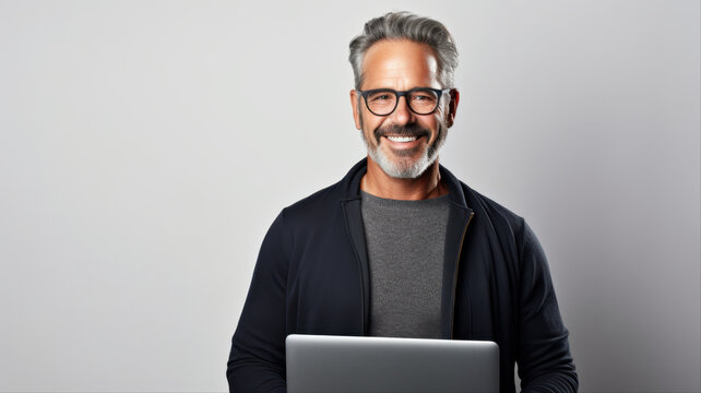 Confident Professional with Laptop: A middle-aged businessman with graying hair and glasses smiles warmly, holding a laptop, embodying modern professionalism and tech-savviness.