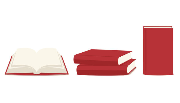 Minimalist illustration of three red books in different positions including open, stacked, and standing upright.