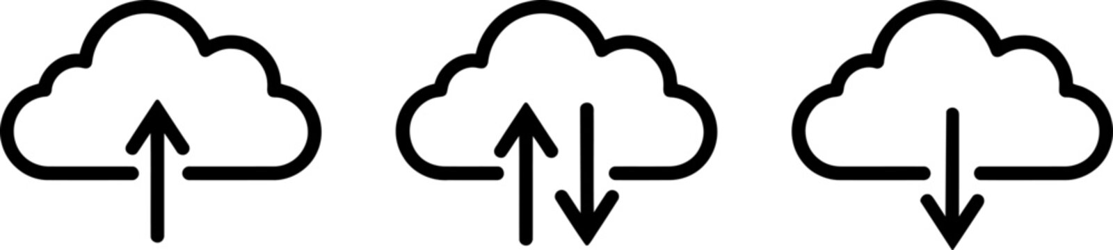 A minimalist black and white vector icon set featuring cloud symbols with arrows indicating upload download and synchronization data transfer processes