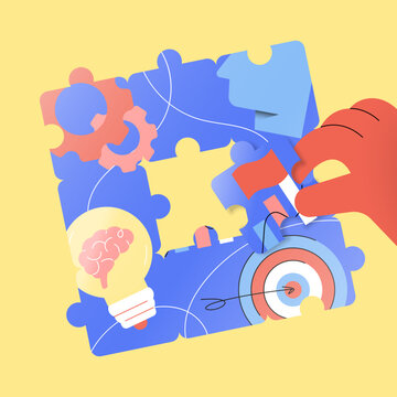Completing puzzle pieces for business success and growth flat illustration