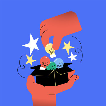 Creative idea selection and innovation with hands, light bulbs collection flat illustration