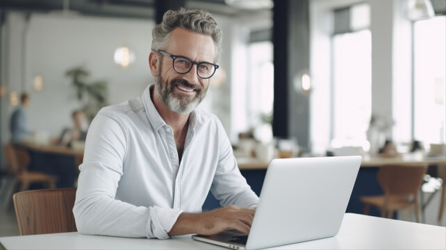 Confident businessman at work: A mature businessman with a salt-and-pepper beard and glasses smiles confidently as he types on a laptop in a modern office environment.