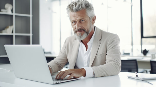 Senior Businessman Working on Laptop: A distinguished senior businessman with gray hair and beard, wearing a light-colored blazer, focusedly works on his laptop in a bright, modern office setting.