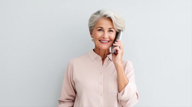 Elegant Conversation: A sophisticated senior woman with a radiant smile converses warmly on the phone, exuding confidence and charm in a soft, natural light.