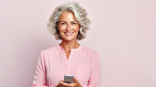 Elegant Woman with Mobile Phone: A stylish older woman with a warm smile and distinguished silver hair holds a mobile phone, exuding confidence and modern grace in a soft, pastel setting.