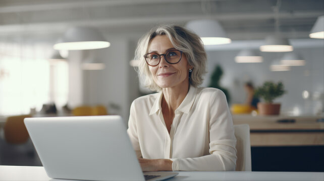 Successful Woman Entrepreneur Working in a Bright Office: A confident middle-aged woman with stylish glasses and a warm smile works on her laptop in a modern, sunlit office.