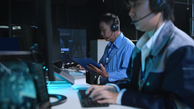 Asian operator in headset analyzes radar screens and types in a modern control room, tracking flight telemetry data.