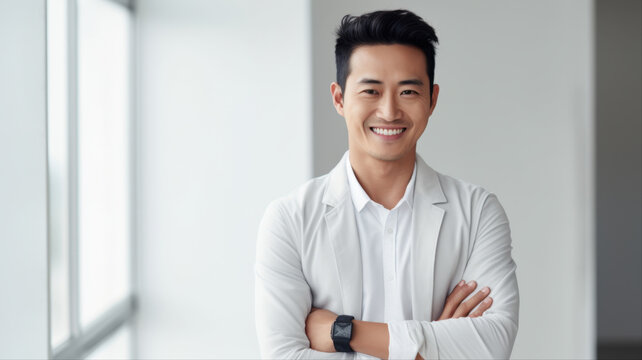 Portrait of a Confident Asian Man: A smiling Asian man with his arms crossed, wearing a light blazer and watch, stands confidently in a modern office setting, exuding professionalism and success.
