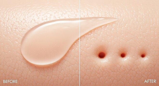 Cosmetic skincare serum drop applied to human skin showing pore minimization