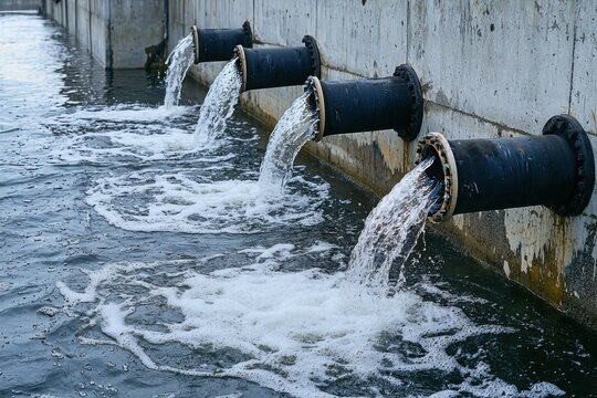 Industrial water discharge from large black pipe into water body
