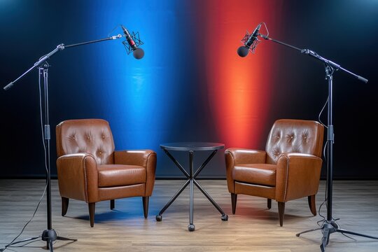 Two leather chair setup with microphones and table in studio