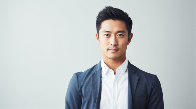 Asian Businessman Portrait: A confident Asian businessman in a sharp suit looks directly at the camera, exuding professionalism and ambition against a clean backdrop.