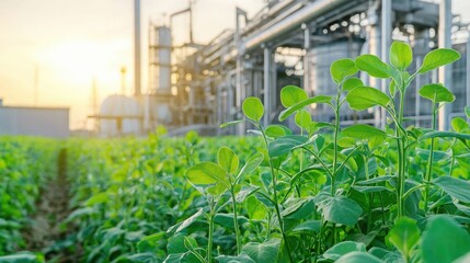 Fototapeta premium Green plant growing in industrial agriculture field at sunset time