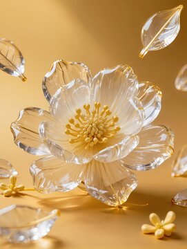 A cluster of delicate osmanthus flowers recreated entirely from transparent inflatable plastic, tiny inflated petals and leaves with intricate folds, glossy translucent surfaces