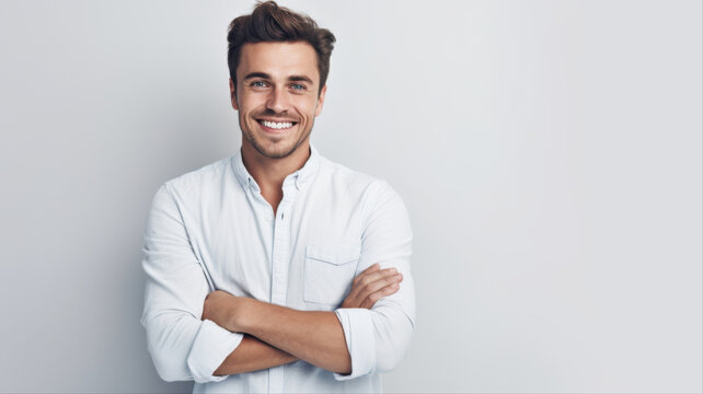 Confident Smile: A young man with a radiant smile and crossed arms exudes confidence and approachability, looking directly at the camera with a friendly demeanor.