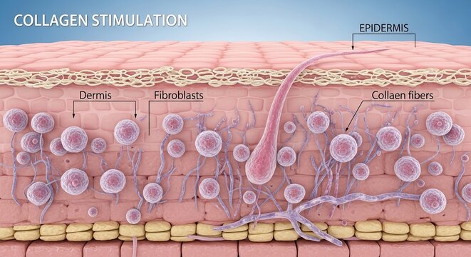 Educational medical diagram showing collagen stimulation and fibroblast cells