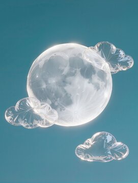 A dreamy full moon surrounded by three soft floating clouds, all recreated from transparent inflated plastic, realistic wrinkles and air pockets across every form