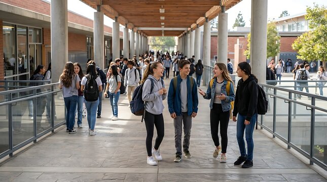 Group of happy high school students walking together outdoors on school campus walkway