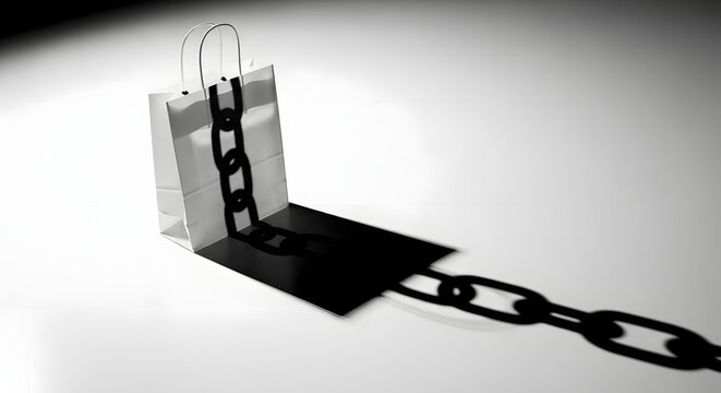 Conceptual minimalist image of a white shopping bag bound by a heavy black chain symbolizing consumerism and financial debt burdens