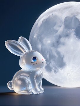 A magical composition featuring a cute Jade Rabbit sitting beside a gigantic full moon, both recreated from transparent inflatable plastic