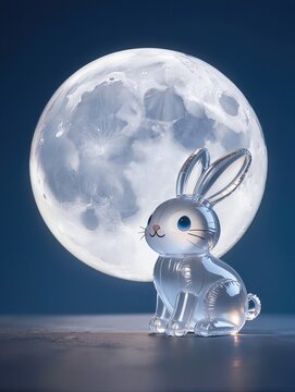 A magical composition featuring a cute Jade Rabbit sitting beside a gigantic full moon, both recreated from transparent inflatable plastic