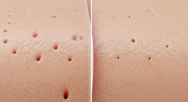 Macro view of human skin pores and texture comparison before and after treatment