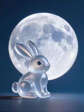 A magical composition featuring a cute Jade Rabbit sitting beside a gigantic full moon, both recreated from transparent inflatable plastic