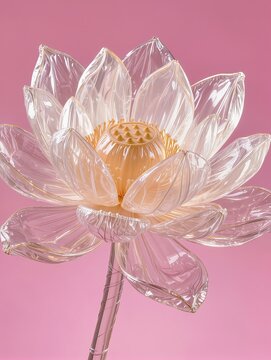 Magnificent transparent inflated plastic lotus sculpture with overlapping wrinkled petals and translucent edges glowing from white backlighting against a saturated pink background for minimalist art

