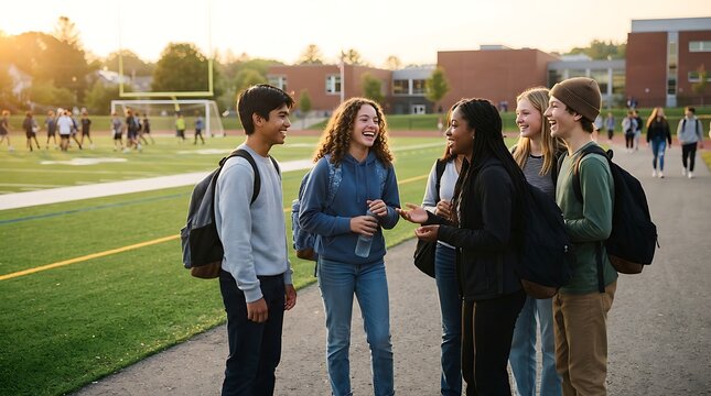 Diverse Group of Happy High School Students Talking and Laughing on Campus Near Sports Field