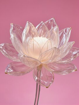 Magnificent transparent inflated plastic lotus sculpture with overlapping wrinkled petals and translucent edges glowing from white backlighting against a saturated pink background for minimalist art

